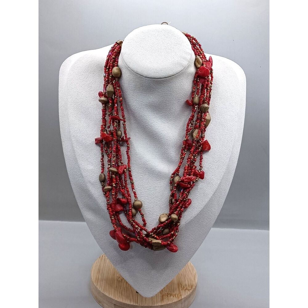 Vintage Multi-Strand Necklace of Red Glass Seedbeads Dyed Shells and Metal Beads